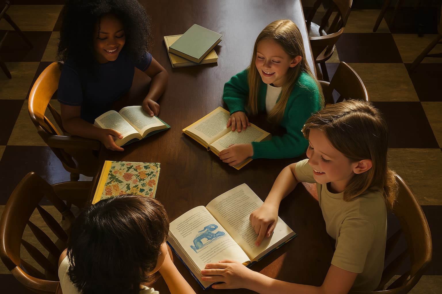En grupp barn som sitter och läser böcker tillsammans i ett bibliotek.